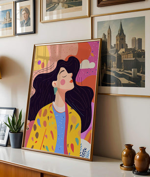 Ilustración colorida de una mujer en estilo artístico con fondo vibrante