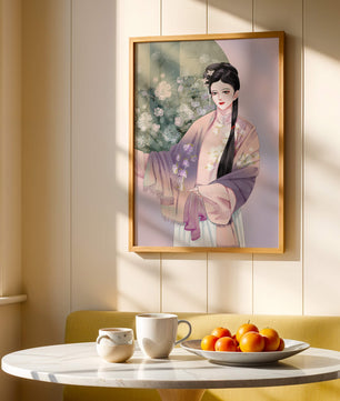 Elegant Asian Woman in Traditional Attire with Floral Background - Mi tienda