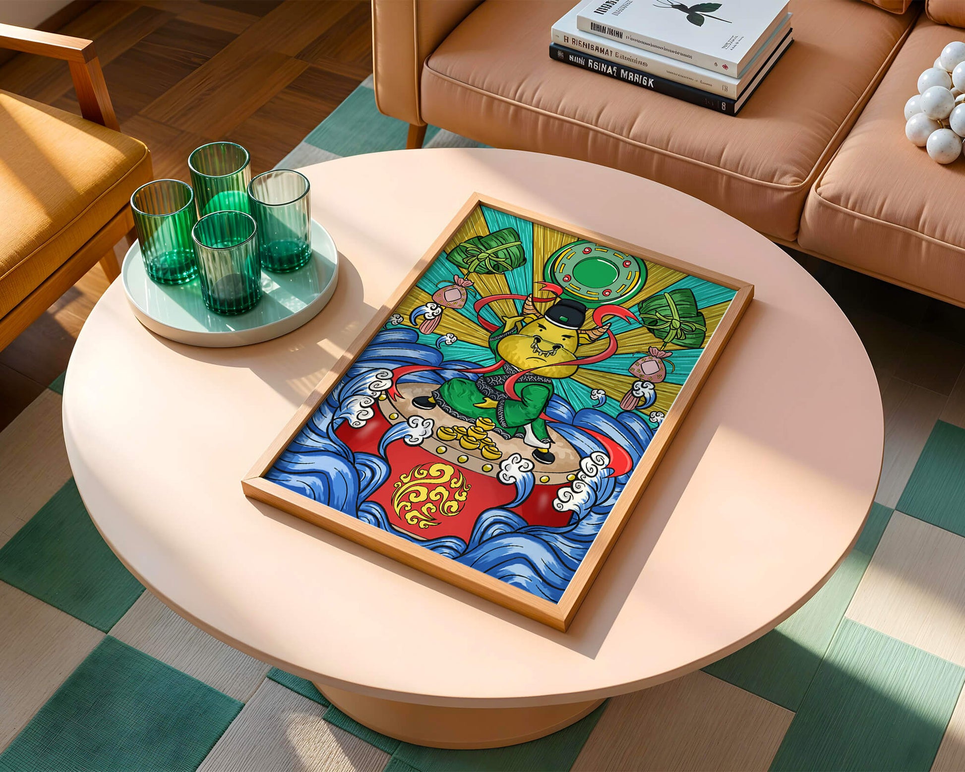 Colorful illustration of a mythical creature with traditional elements and vibrant colors