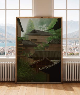 Traditional Japanese Architectural Scene with Lush Greenery