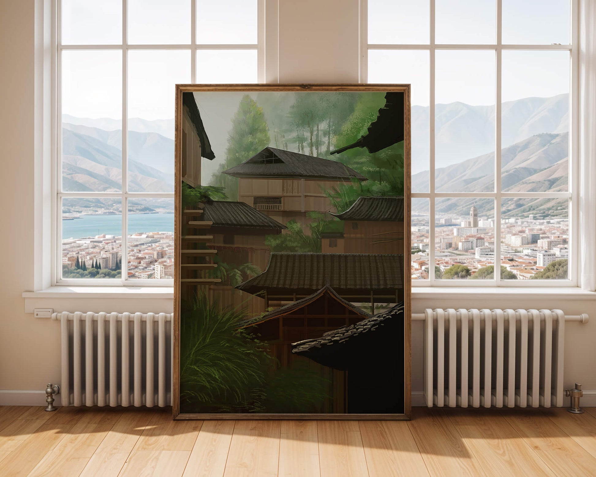 Traditional Japanese Architectural Scene with Lush Greenery