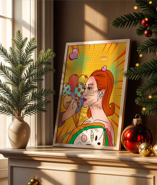 Retrato de mujer en arte pop colorido con globos y patrones vibrantes
