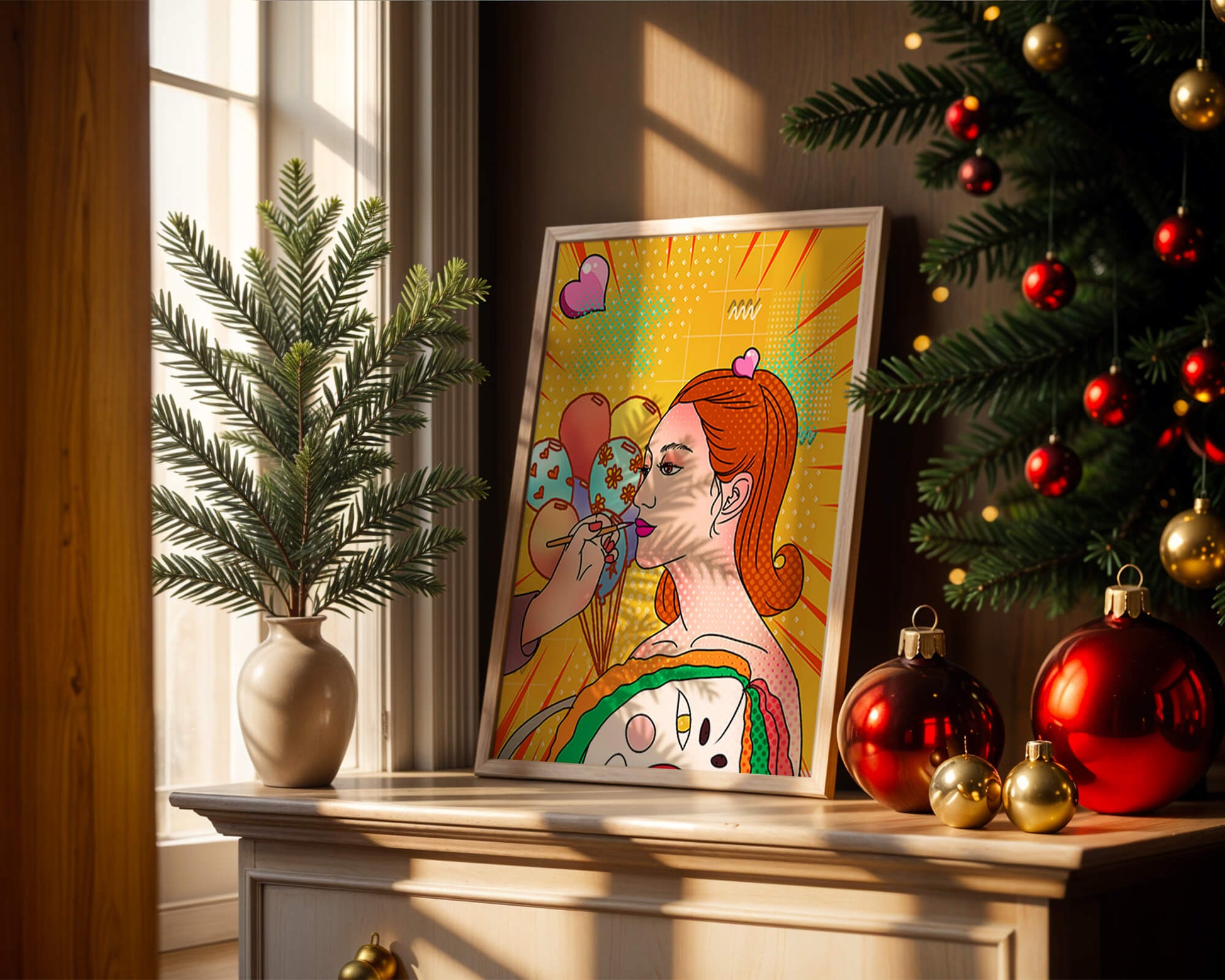Colorful pop art woman portrait with balloons and vibrant patterns