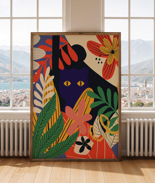Ilustración abstracta colorida con un gato y patrones florales