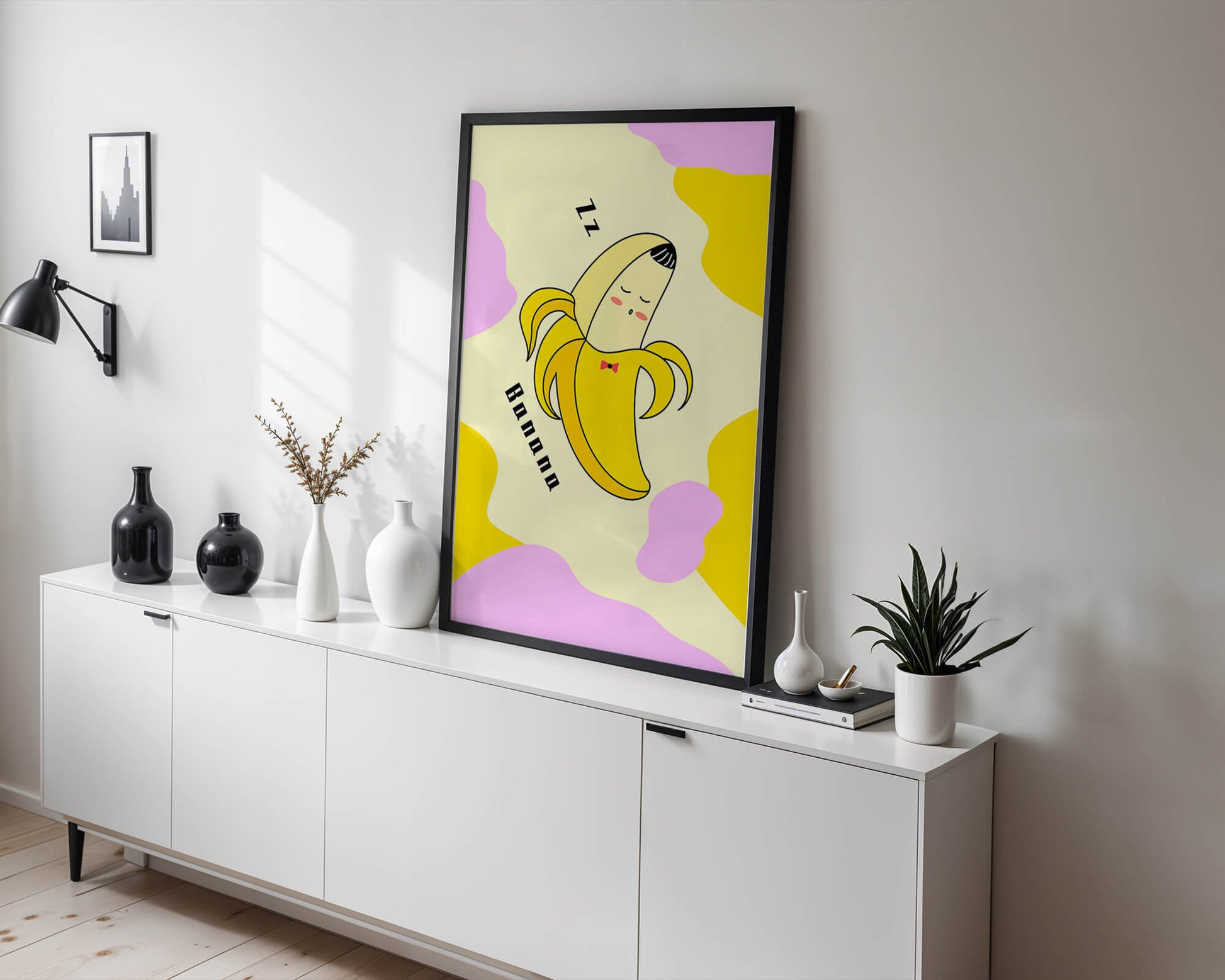 Playful illustration of a sleeping banana with colorful abstract background