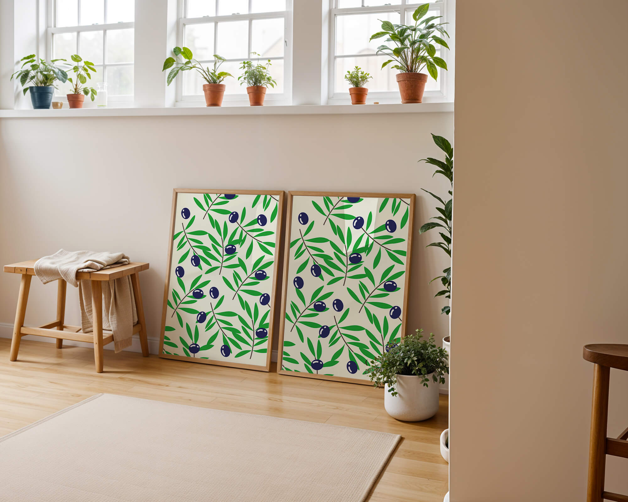 Olive branch pattern with green leaves and blue olives