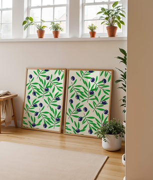 Olive branch pattern with green leaves and blue olives