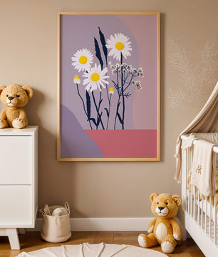 Zarte weiße Gänseblümchen mit gelben Zentren auf modernem Pastell-Hintergrund