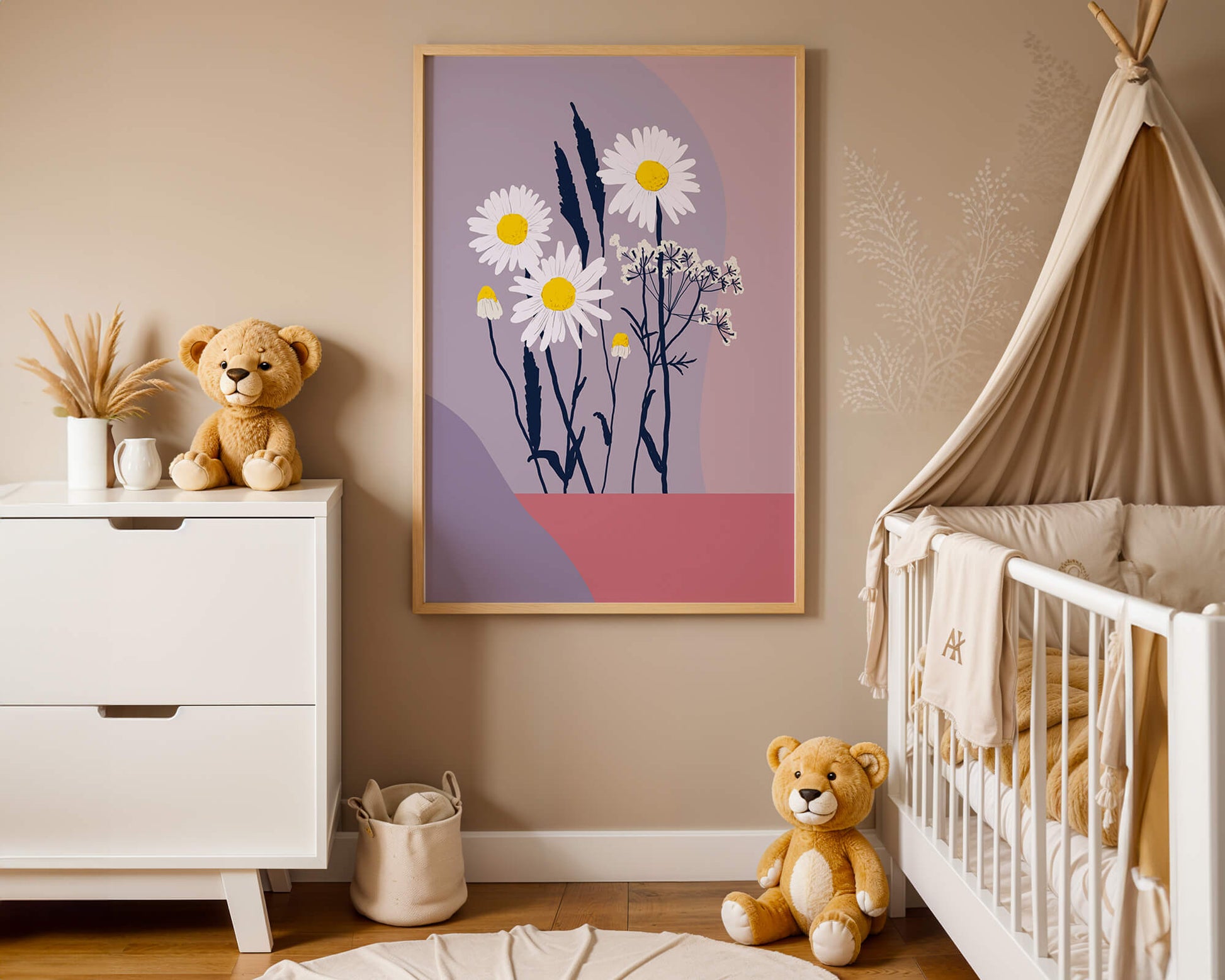 Zarte weiße Gänseblümchen mit gelben Zentren auf modernem Pastell-Hintergrund