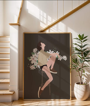 Illustration of a woman sitting on a stool surrounded by flowers