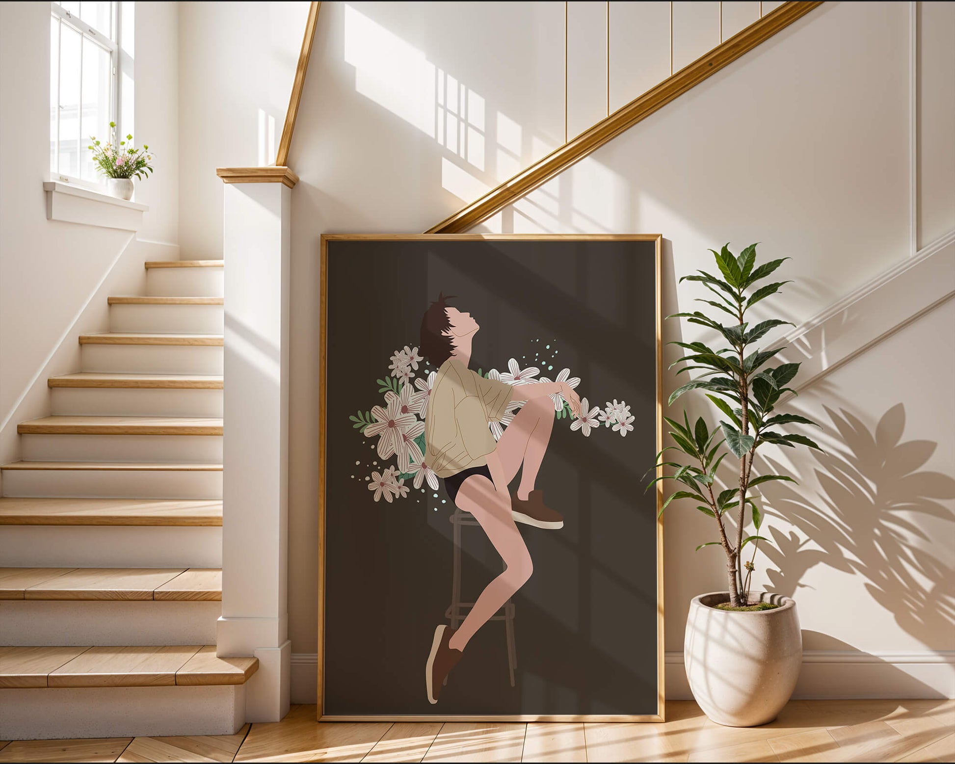 Illustration of a woman sitting on a stool surrounded by flowers