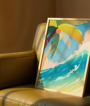 Escena vibrante de playa tropical con palmera y ola del océano
