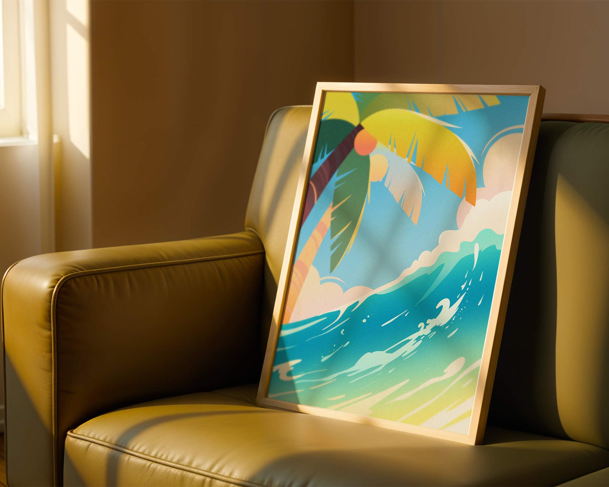 Escena vibrante de playa tropical con palmera y ola del océano