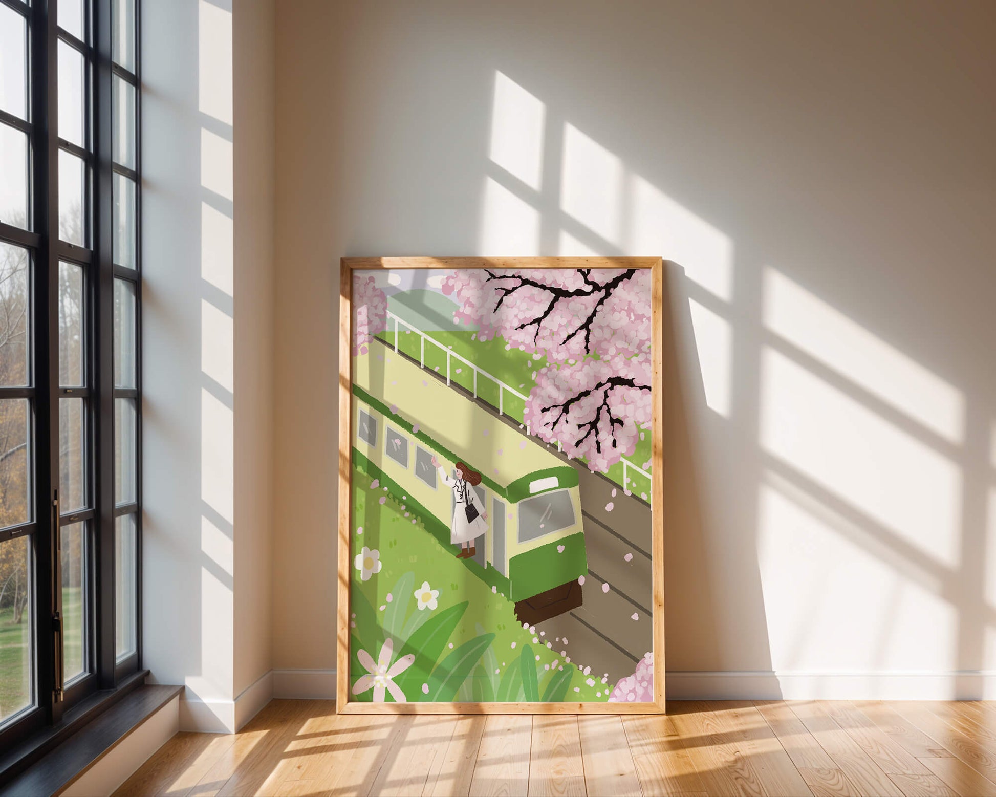 Cherry Blossoms and Train Scene in Spring Landscape