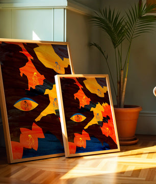 Abstract colorful artwork with eye and silhouettes