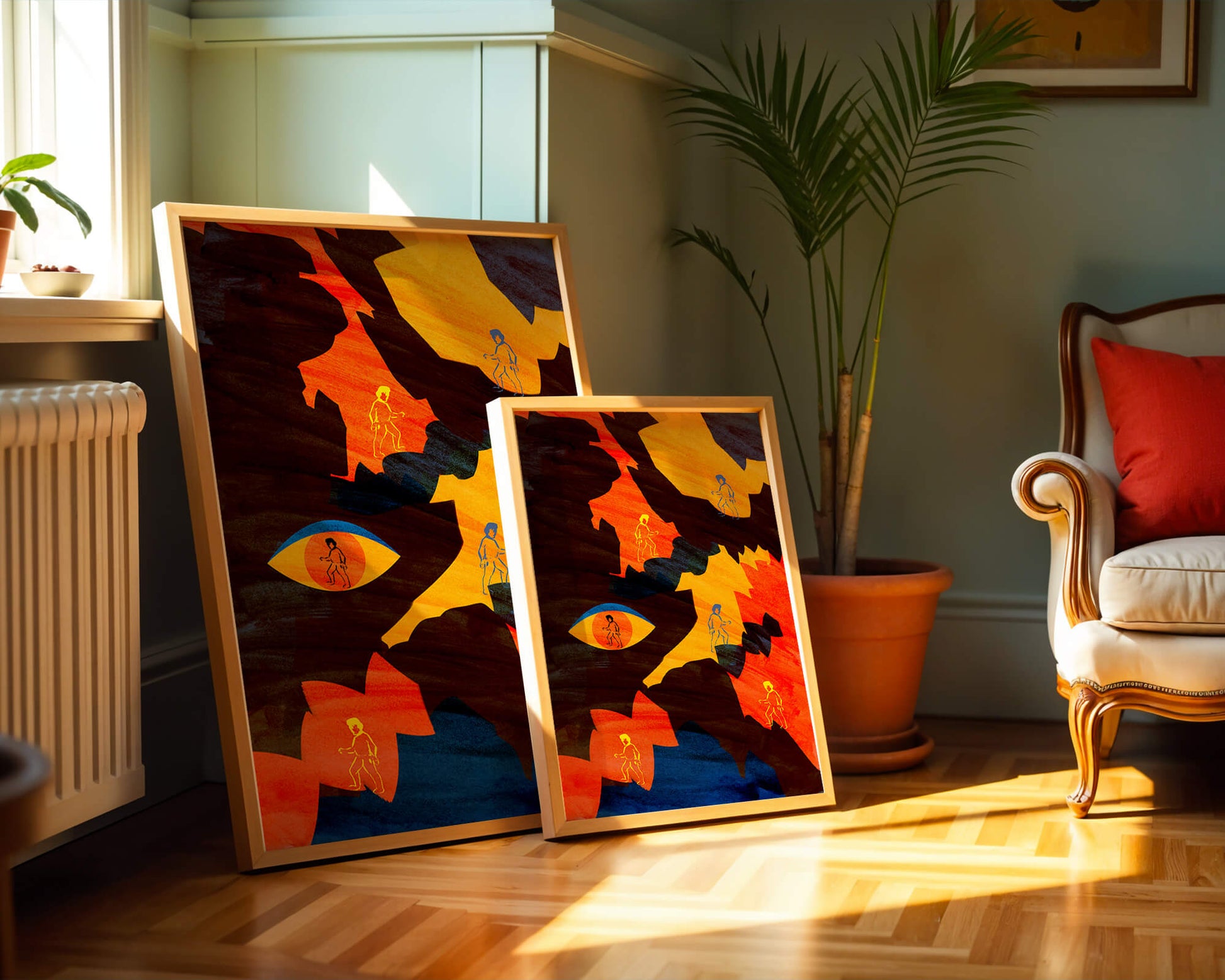 Abstract colorful artwork with eye and silhouettes