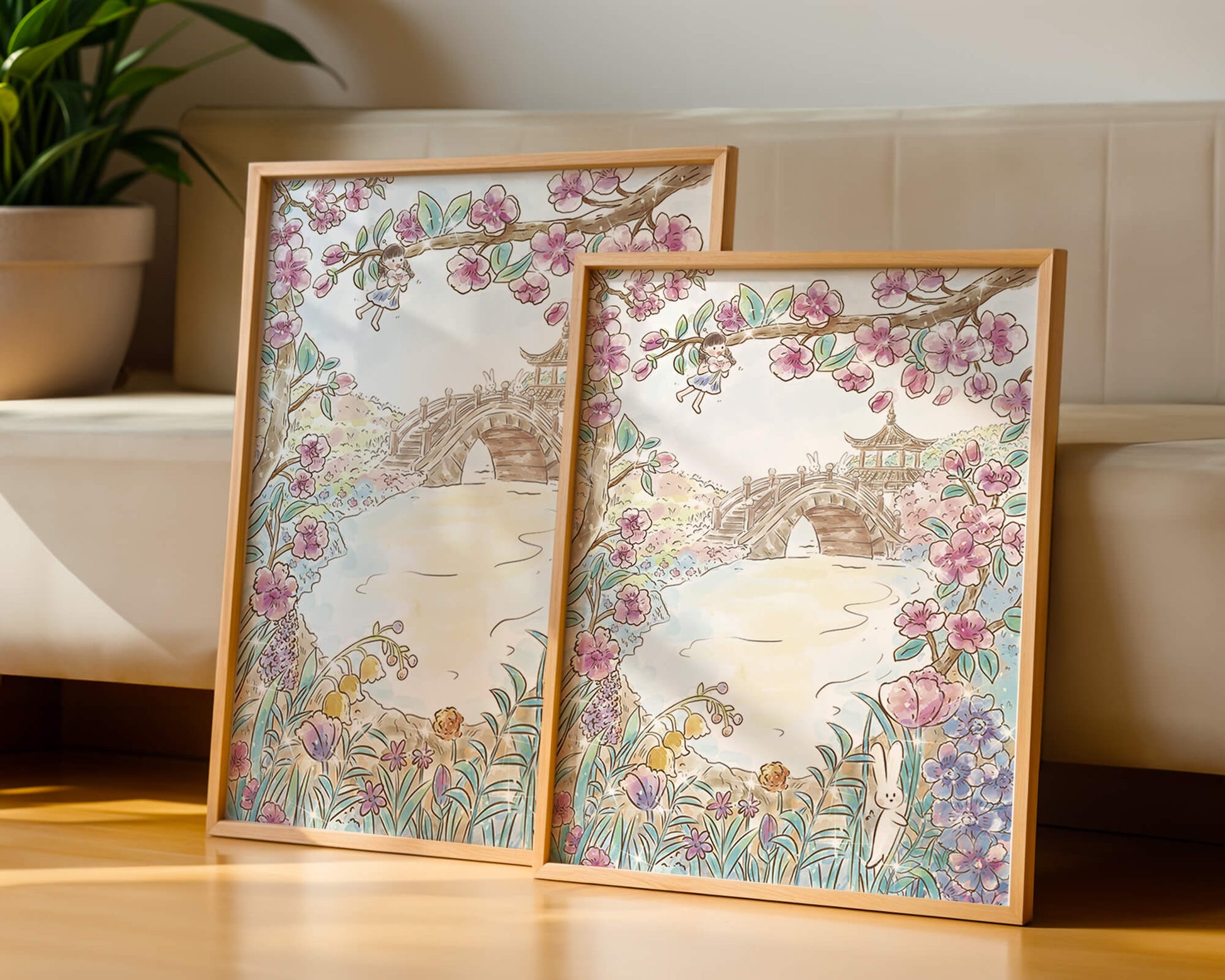 Serene Spring Landscape with Blossoming Cherry Trees and Bridge