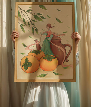 Whimsical scene with a woman in traditional attire among persimmons and leaves
