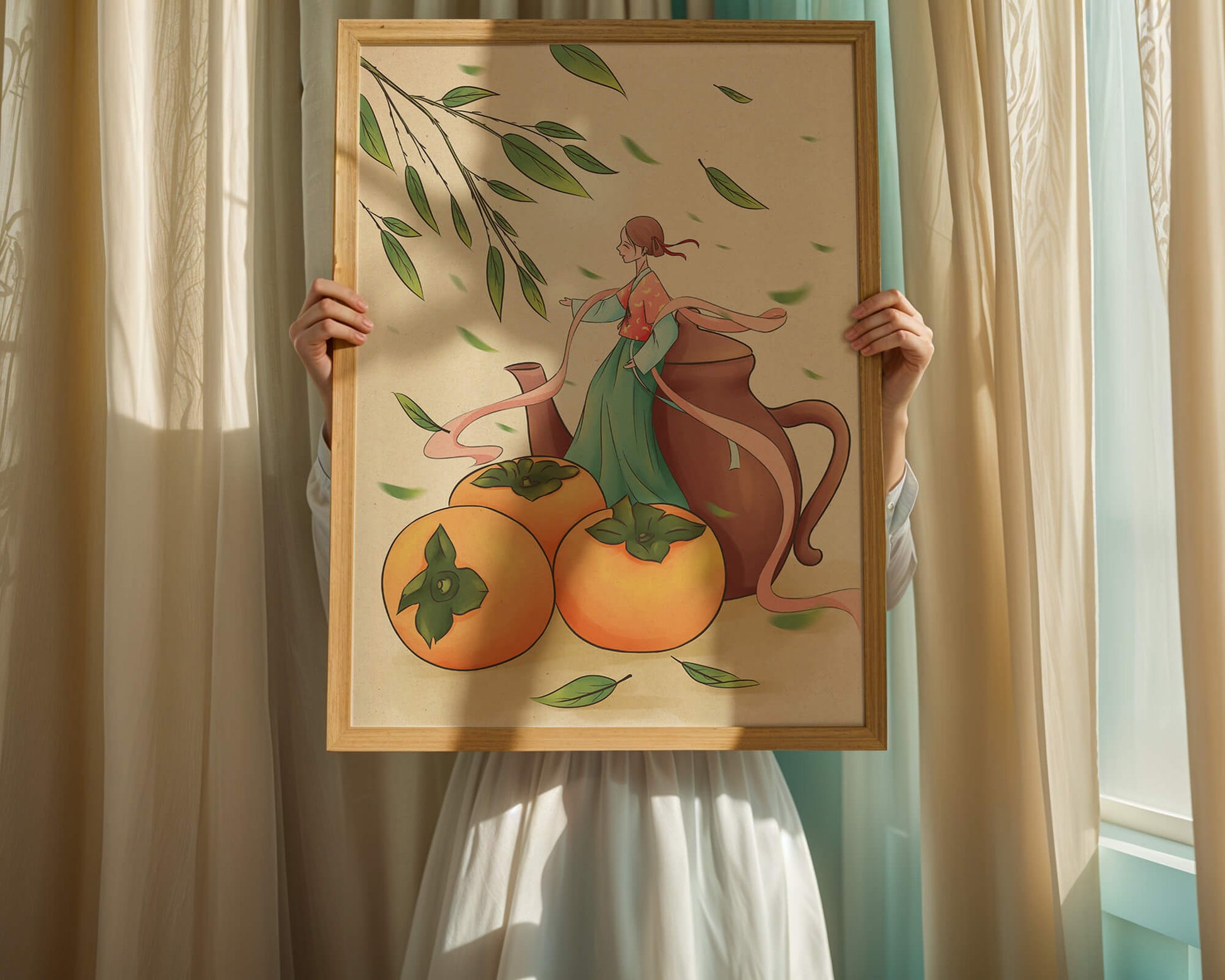 Whimsical scene with a woman in traditional attire among persimmons and leaves