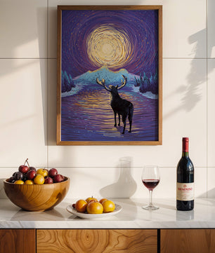 Moose Under Starry Night Sky with Radiant Moon