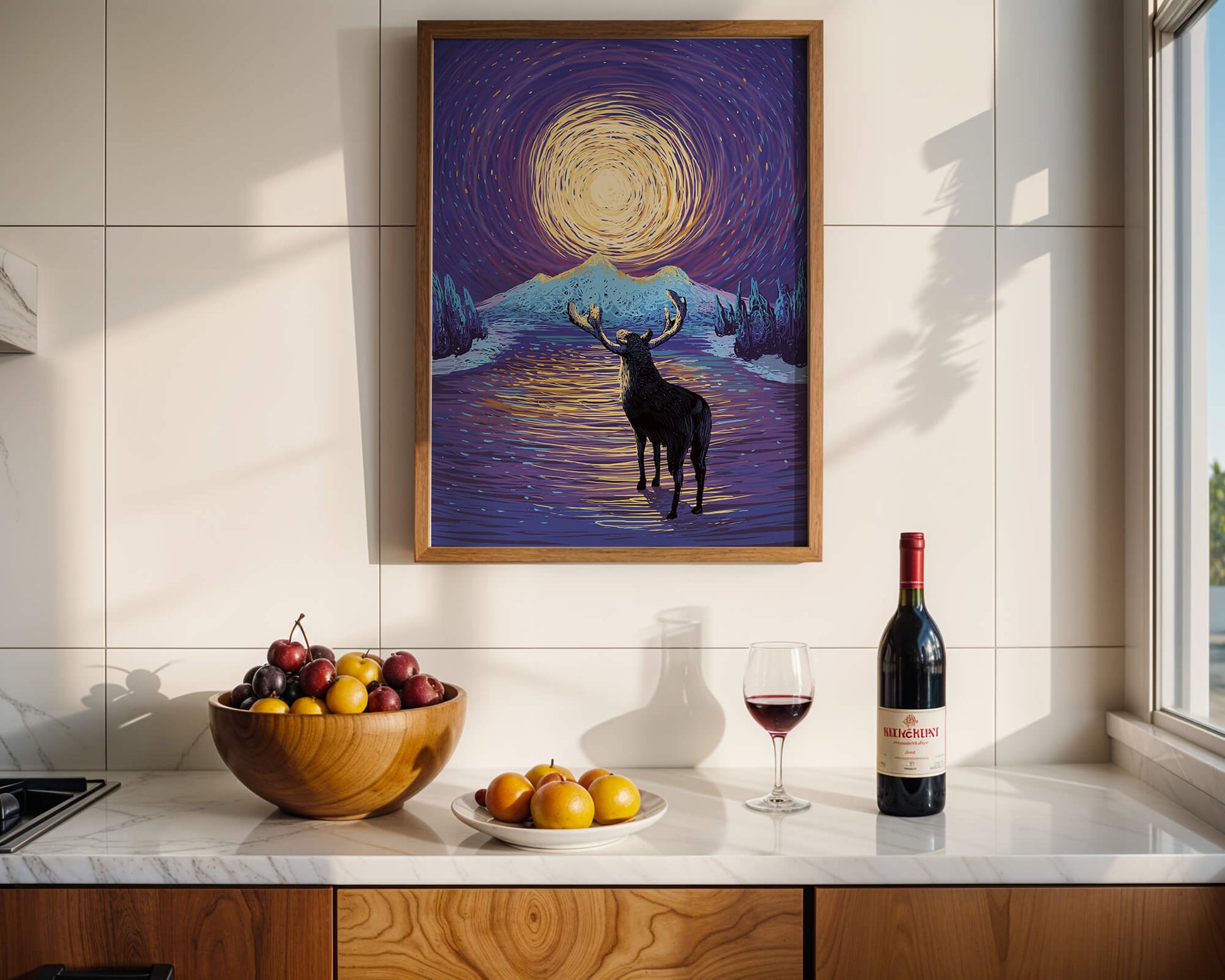 Moose Under Starry Night Sky with Radiant Moon