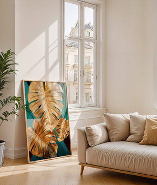 Blätter der Goldenen Monstera auf geometrischem Hintergrund