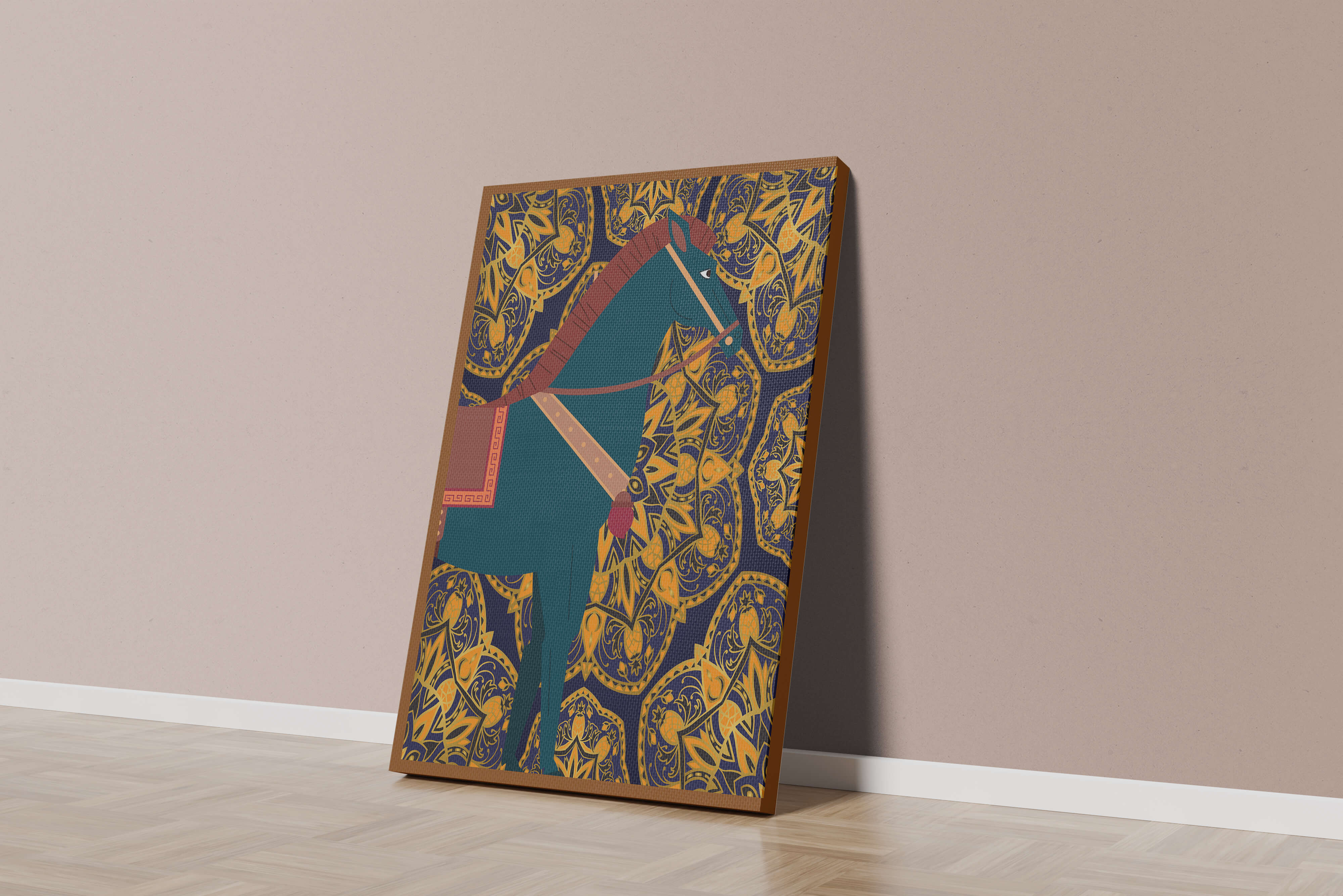 Stylized horse illustration on intricate golden pattern background