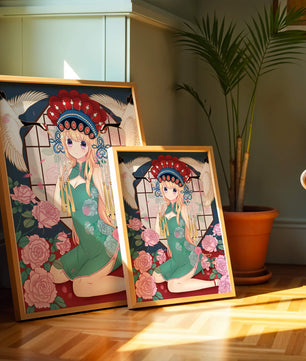 Chica anime elegante con atuendo tradicional y detalles florales y de grulla