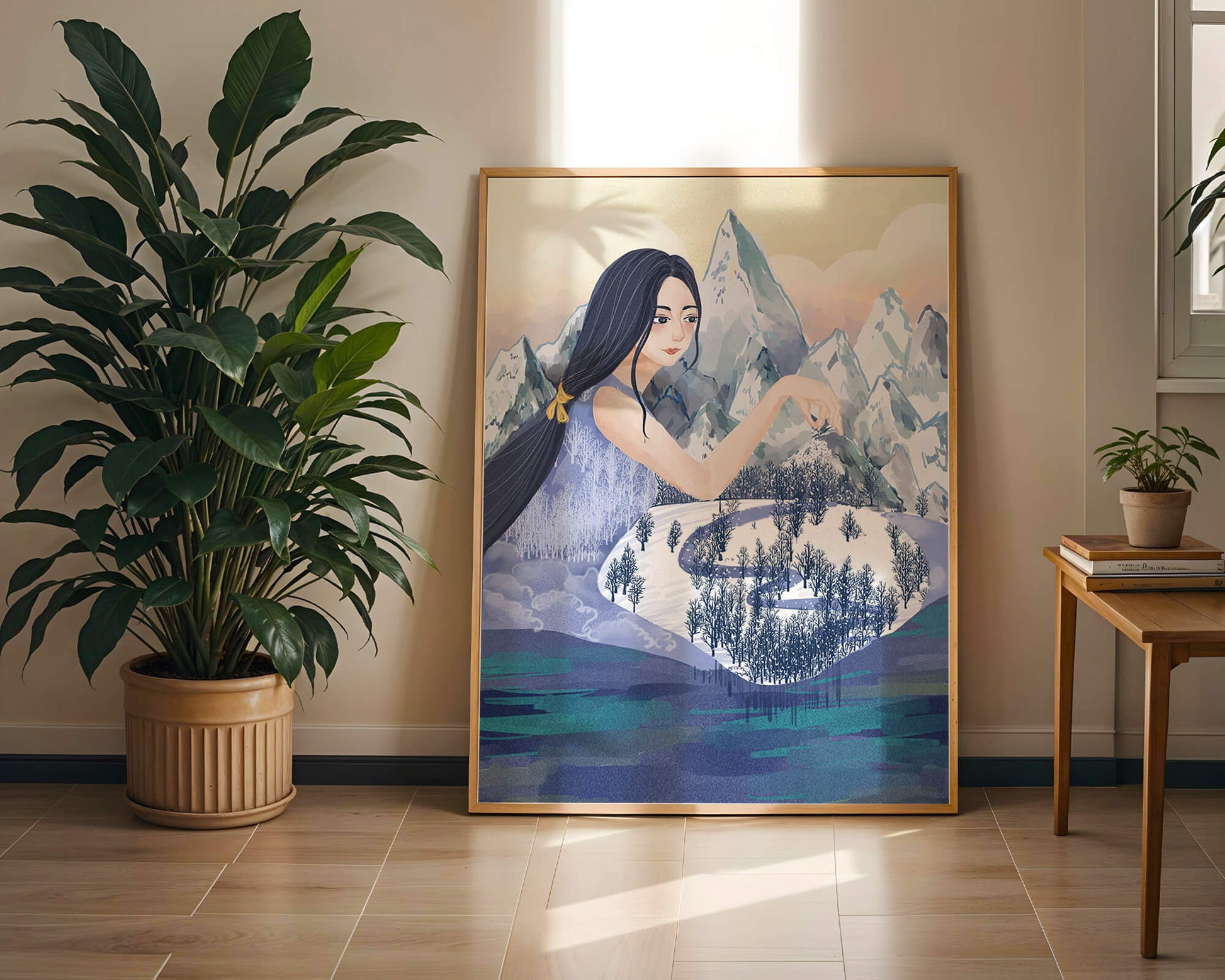 Majestic Woman Overlooking Snowy Mountain Landscape