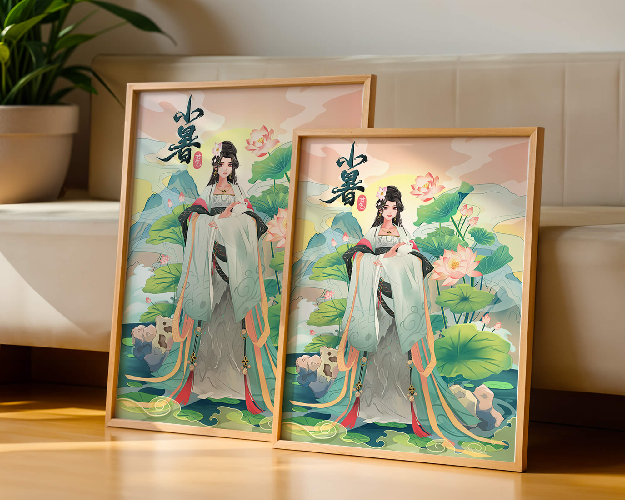 Elegant woman in traditional attire with lotus flowers and serene backdrop