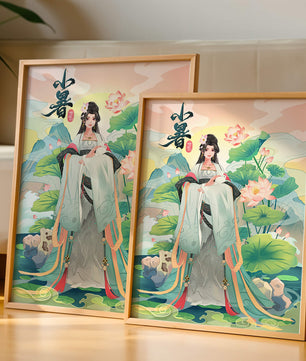 Elegant woman in traditional attire with lotus flowers and serene backdrop