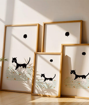Whimsical cat illustration in field of flowers
