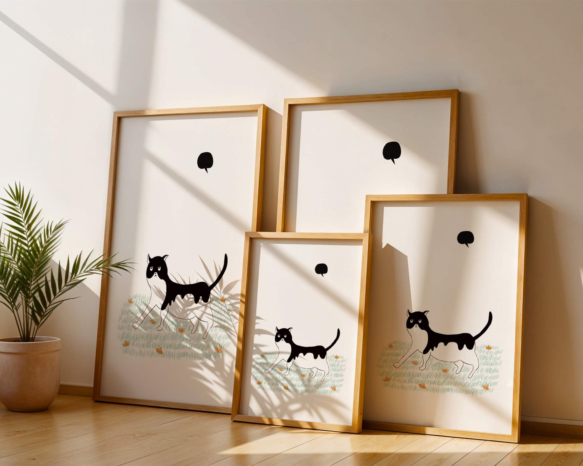 Whimsical cat illustration in field of flowers