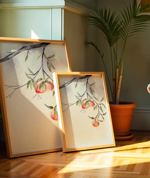 Peaceful Botanical Illustration of Branches with Leaves and Peaches - Mi tienda