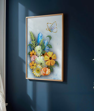 Floral and crystal arrangement with golden butterfly