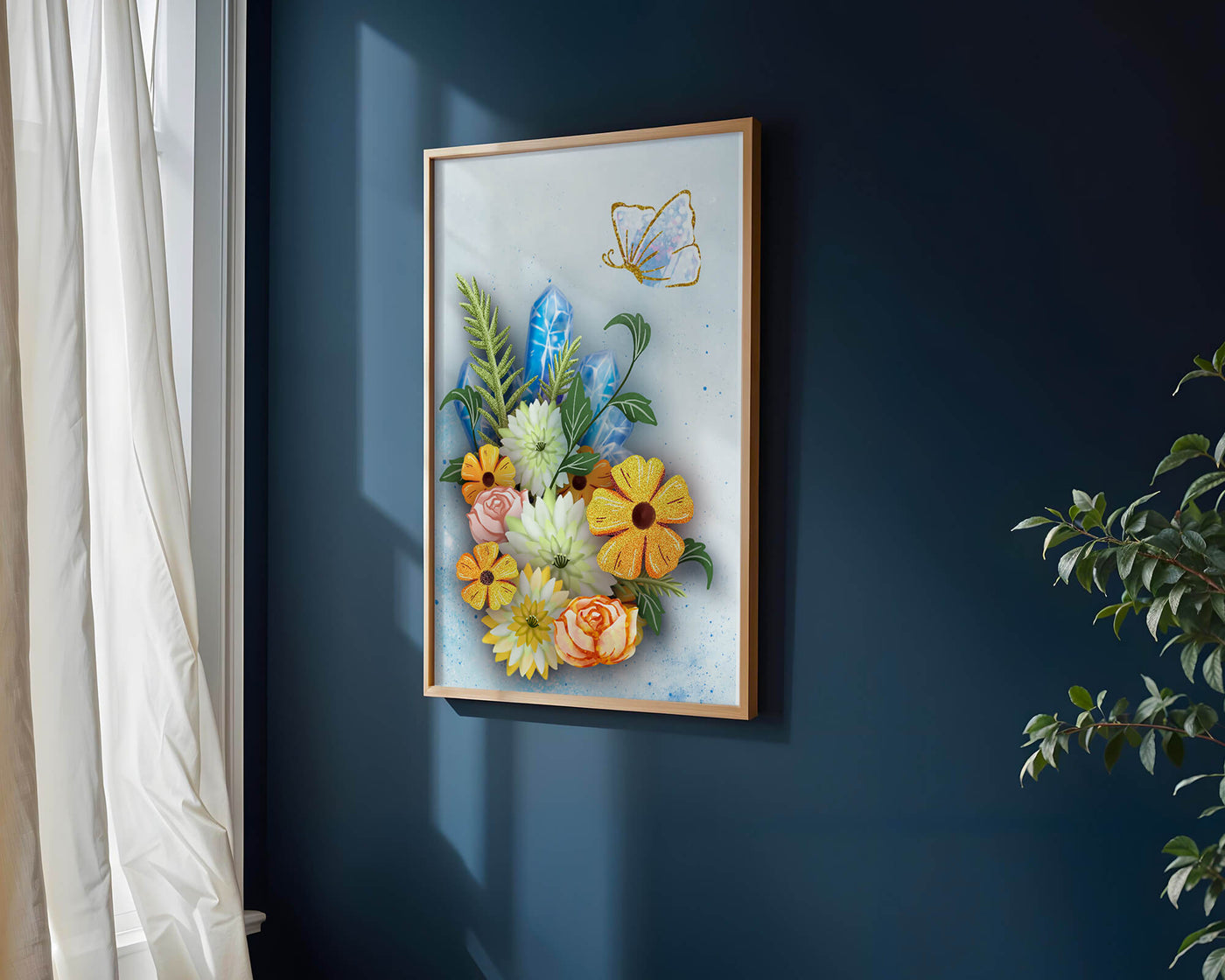 Floral and crystal arrangement with golden butterfly