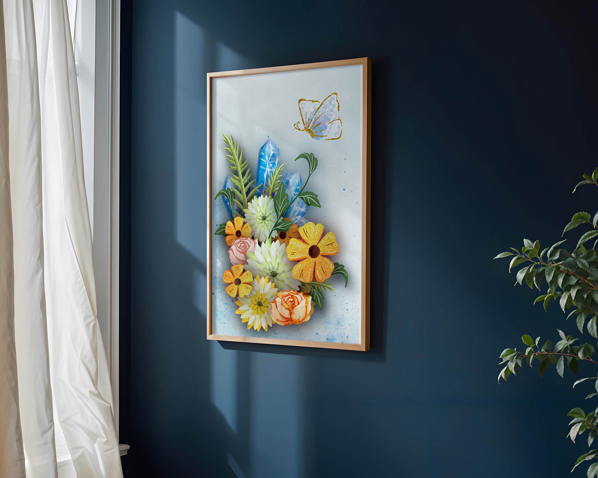 Floral and crystal arrangement with golden butterfly