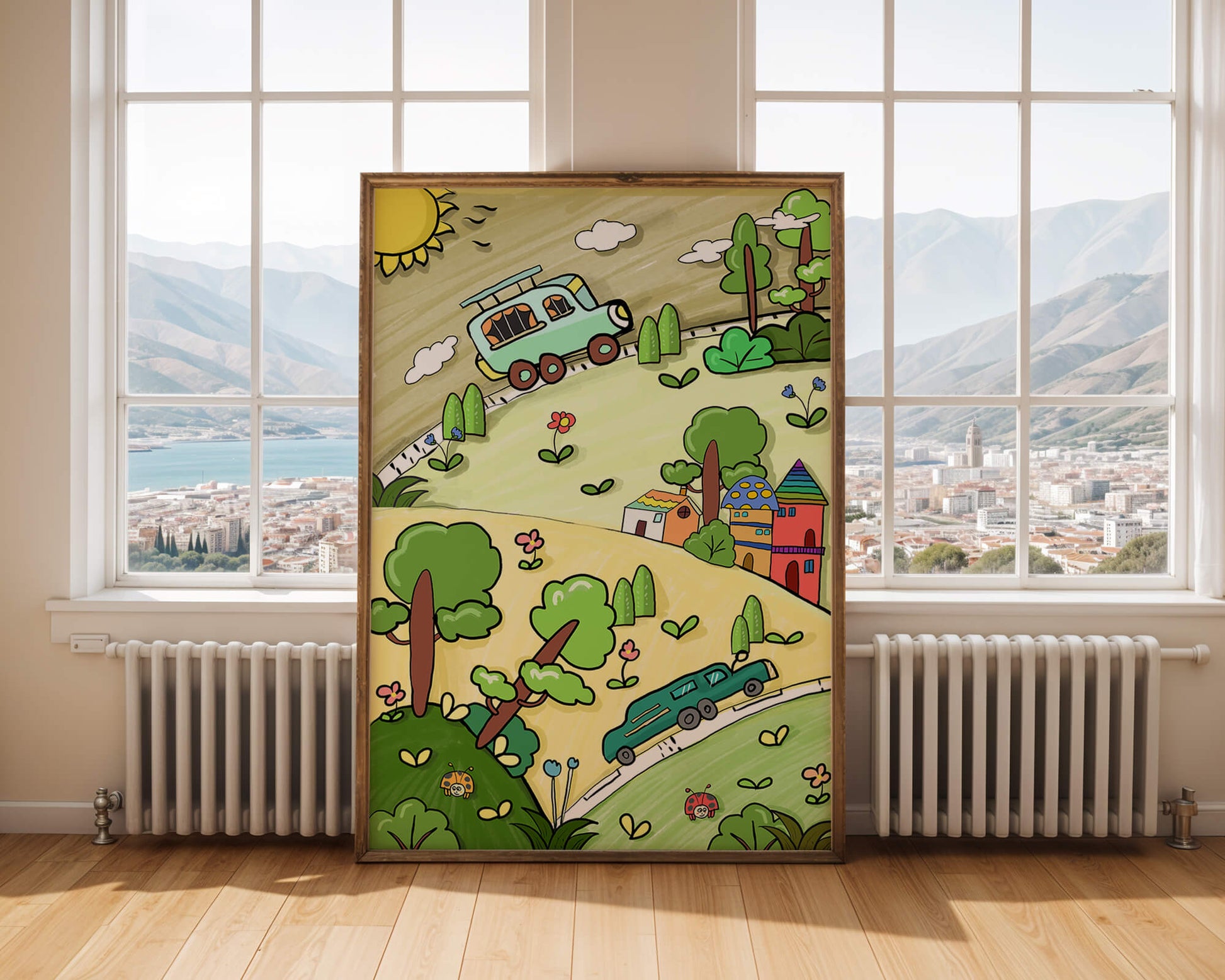Whimsical landscape with houses, cars, and colorful flora