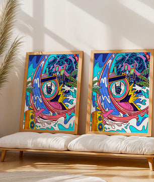 Vibrant abstract art with waves and neon elements