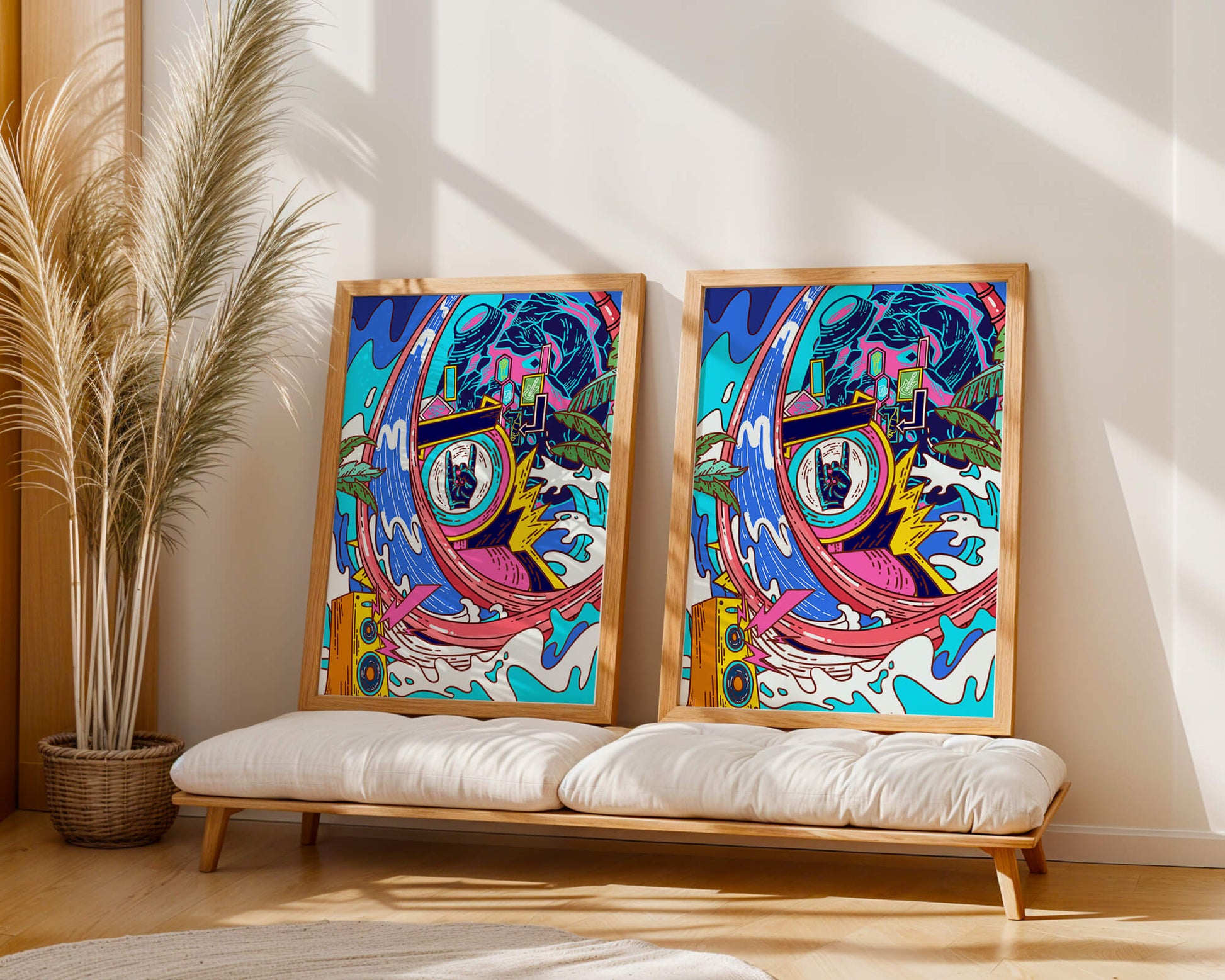 Vibrant abstract art with waves and neon elements