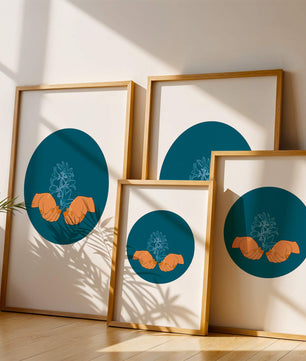 Illustration of Hands Holding a Plant with Teal Background