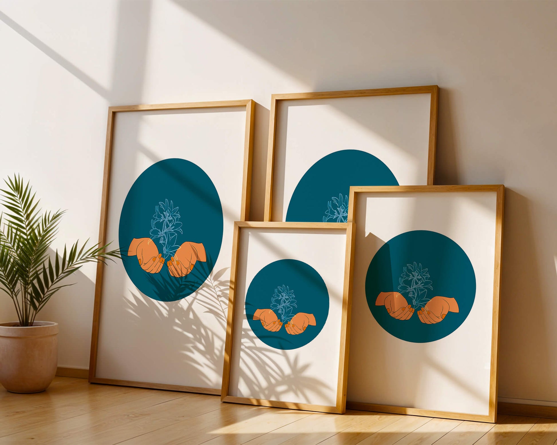 Illustration of Hands Holding a Plant with Teal Background