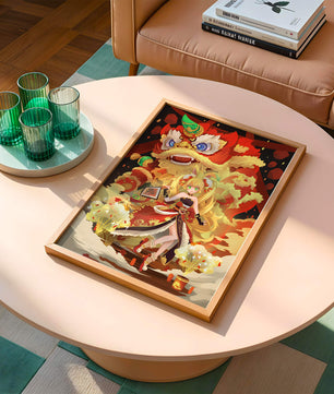 Colorful anime-inspired scene with a lion dance and festive character