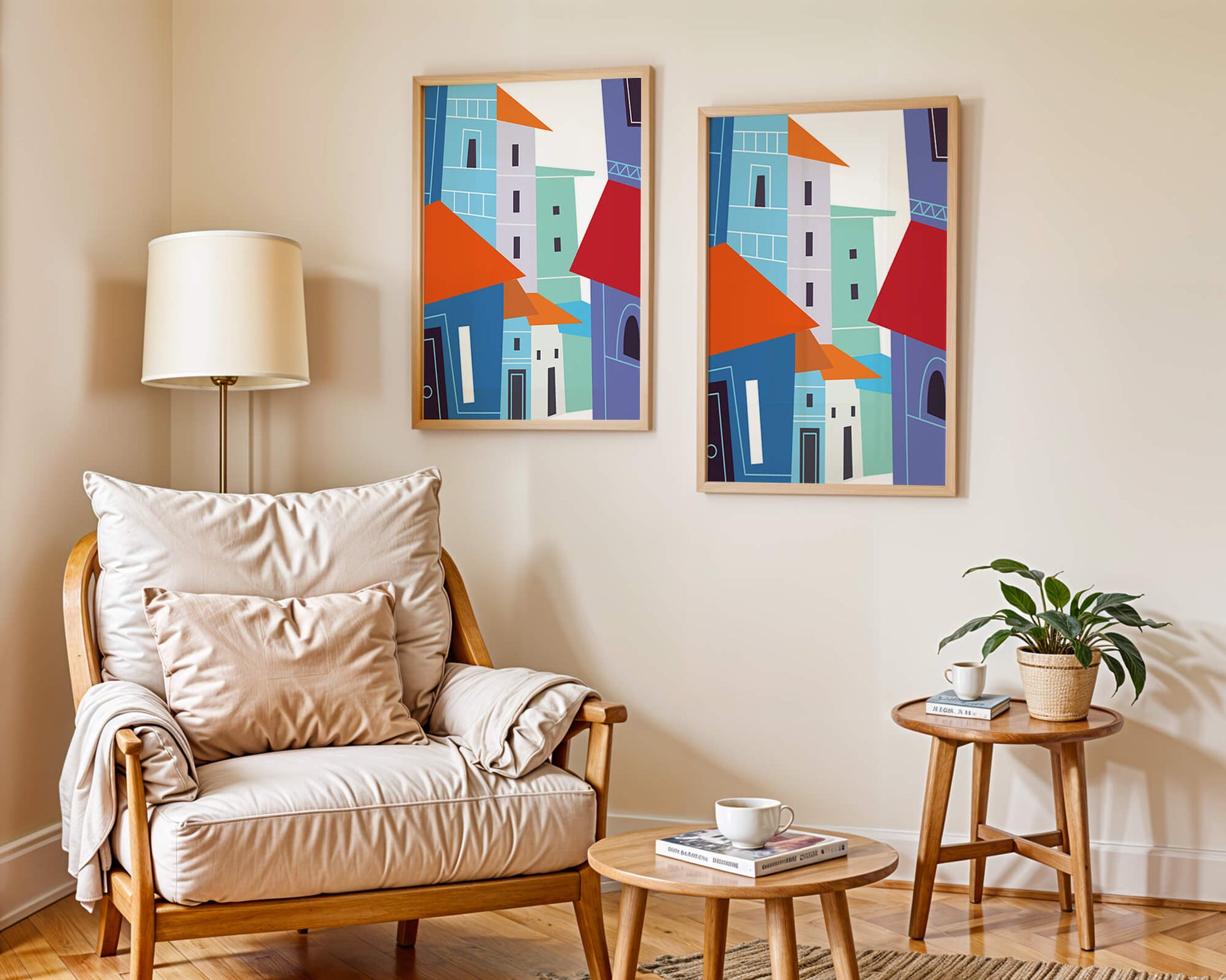 Colorful abstract cityscape with geometric buildings