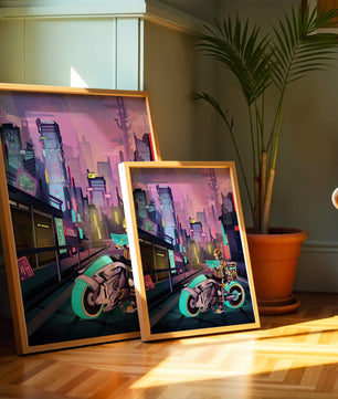 Futuristic Cyberpunk Cityscape with Neon Rider and Motorcycle