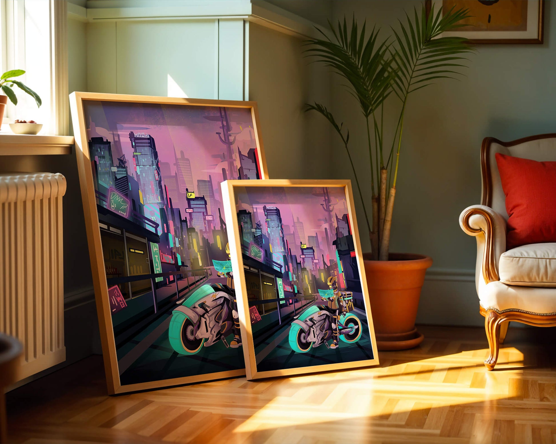 Futuristic Cyberpunk Cityscape with Neon Rider and Motorcycle