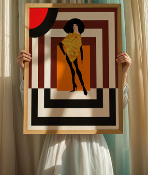 Ilustración de moda con figura en dorado y fondo geométrico