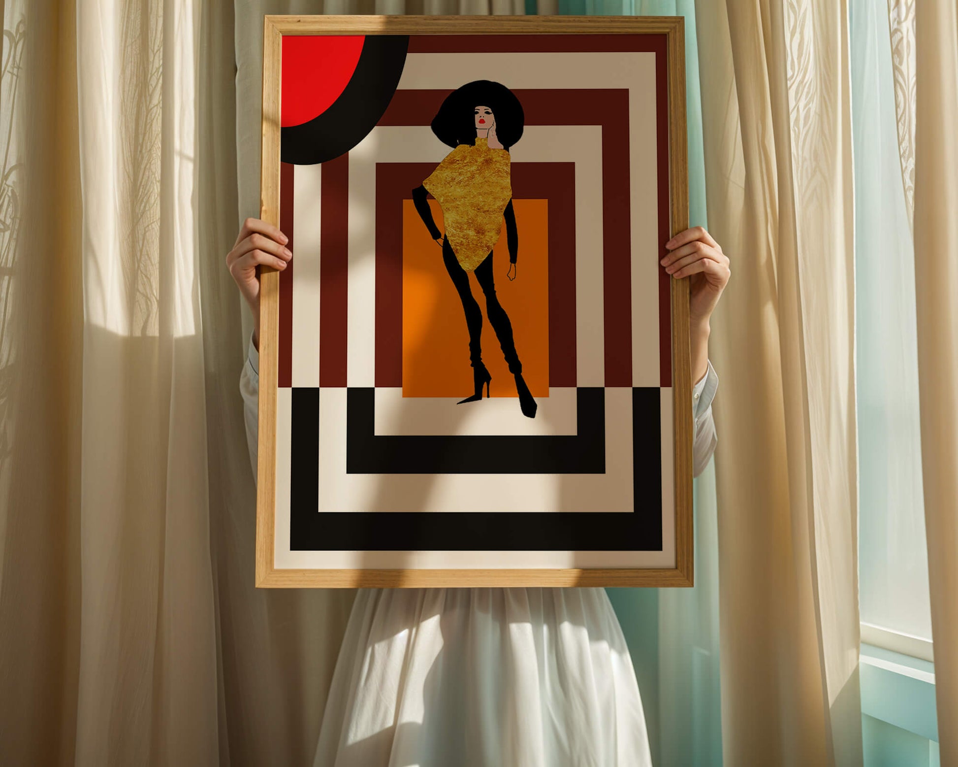 Fashion Illustration with Figure in Gold and Geometric Background