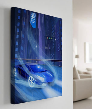 Futuristisches blaues Auto rast durch neonbeleuchtete, verregnete Stadtlandschaft