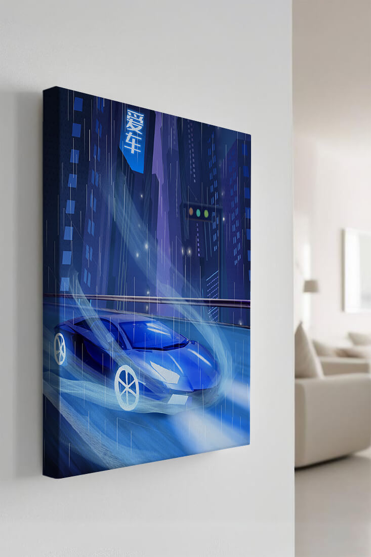 Futuristic blue car speeding through neon-lit rainy cityscape